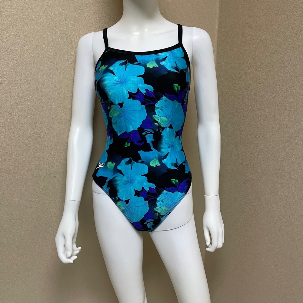Speedo Swimsuit Women Small Vivid Blue Floral Y2K One Piece Crossback Never Worn